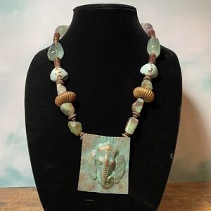 Necklace Elephant Pendant Statement Natural Stone Metal